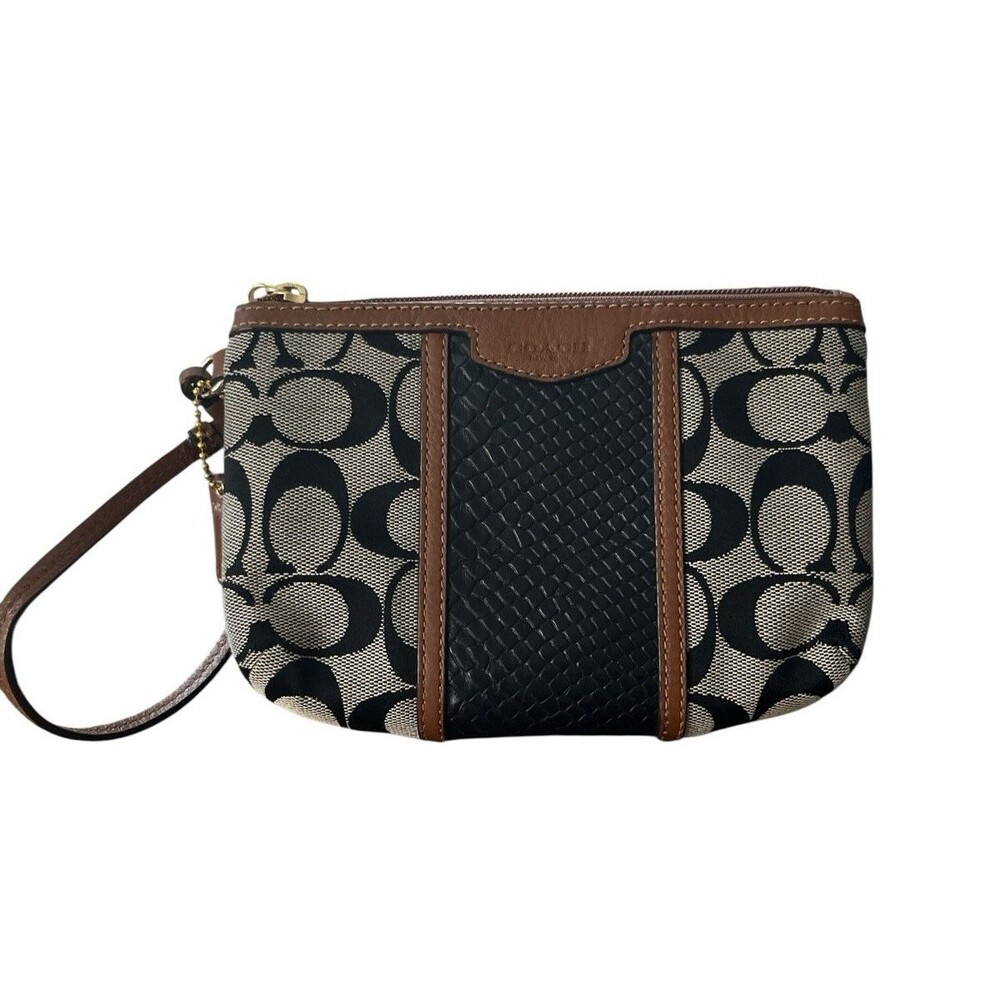 Coach Khaki Wristlet Top Zip Signature Embossed Snakeskin Black Gray 7 x 5"